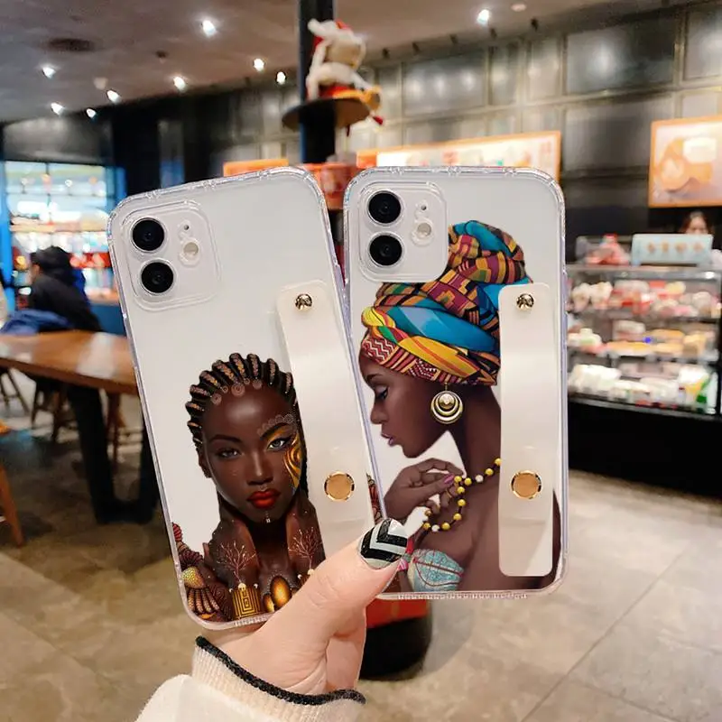 

Art African Girl Phone Case Wrist Strap For iPhone 7 8 11 12 X XS XR MINI Pro Max Plus Hand Band Transparent Clear
