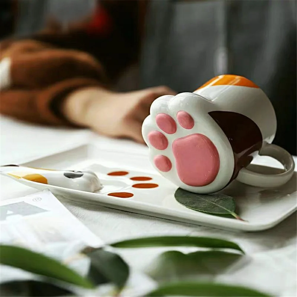 Фарфоровые кружки кошачья лапа кухонная утварь кружка с ложкой для дома офиса