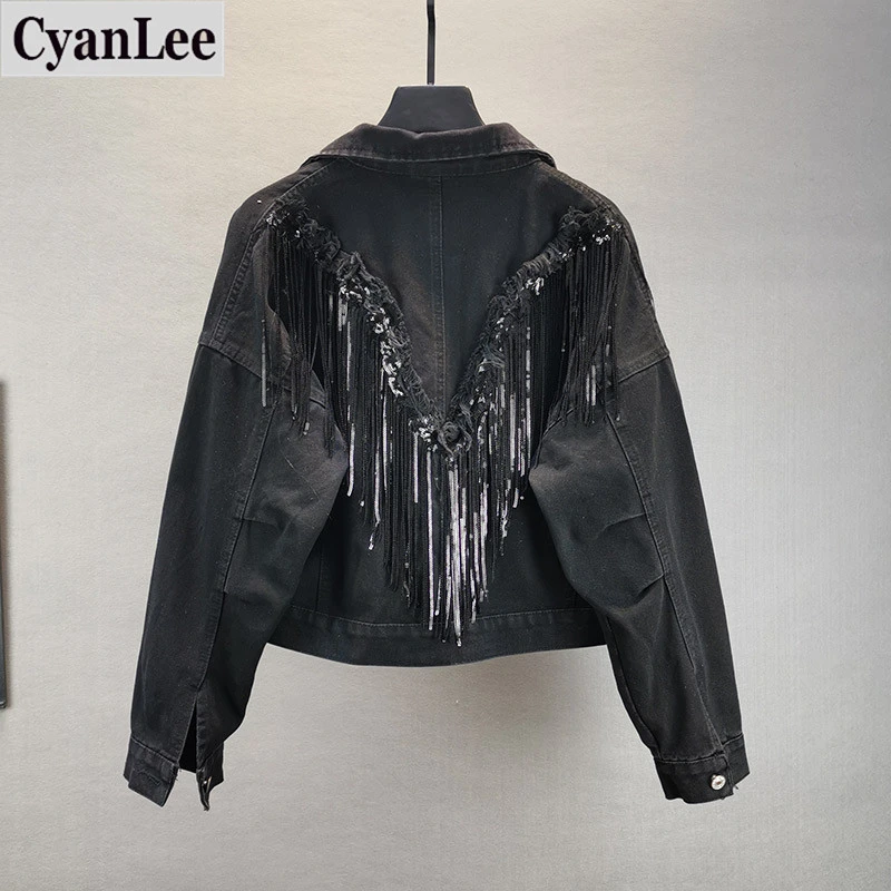 

Women's Denim Jacket Coat 2020 New Female Black Denim Jacket Women Jean Jackets Outerwear Hot Fringed Rivet Denim Jacket Girl