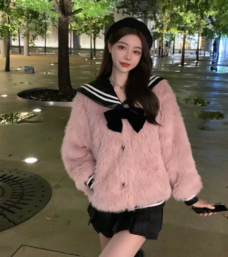 Faux Fur Plush Women's Jacket Coat 2021 New Autumn Winter Navy Collar College Style  Long Sleeve Bow Sweet Girls Outerwear