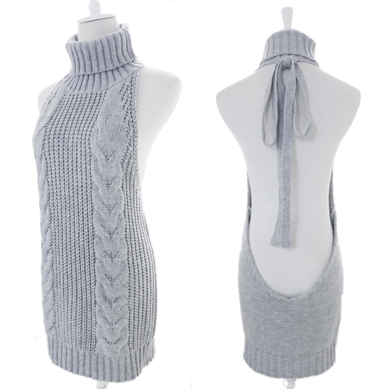 

2020 Women Sexy Backless Sleeveless Off Shoulder Knitted Sweaters Women Virgin Killer Sweater Turtleneck Pullover Female Jumper