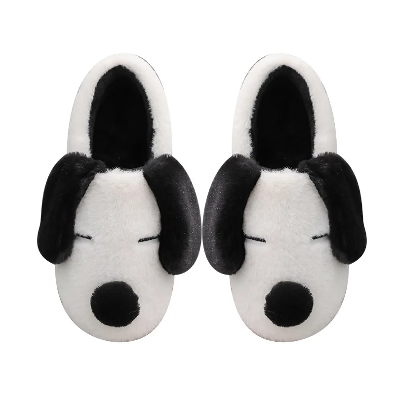 

Cartoon Dog Indoor Slippers Women Men Warm Plush Home Floor Shoes Soft Faux Fur Anti-slip Black White Lovers House Shoes SH452