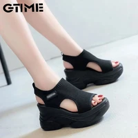 black stretch fabric platform heighten shoes9cm fashion hollow out peep toe wedges gladiator sandals retro casual sjpae 313