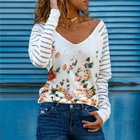 spring autumn new fashion womens v neck flower printed long sleeve t shirt casual loose tee shirt women clothing ladies tops