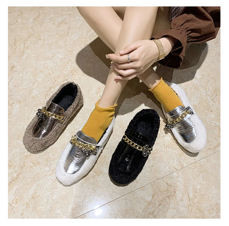 

Зимние теплые меховые туфли, женские мокасины на плоской подошве, с металлической отделкой, лоферы, эспадрильи, женские туфли на плоской под...