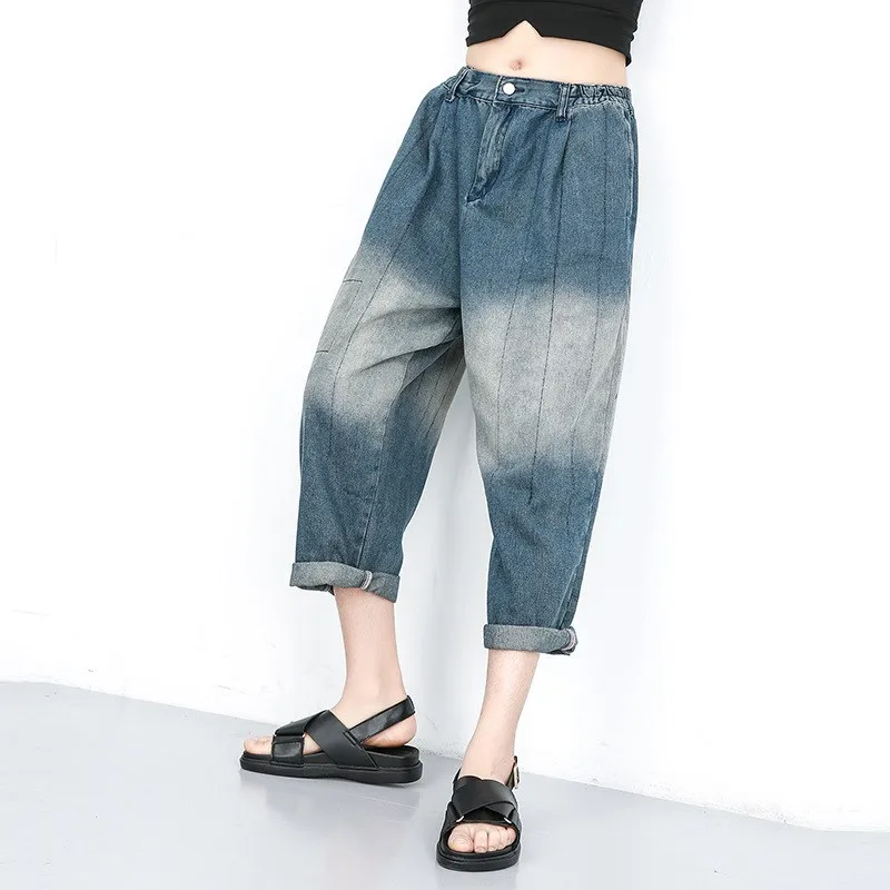 Женские простые свободные хит цвета джинсовые штаны с эффектом потертости