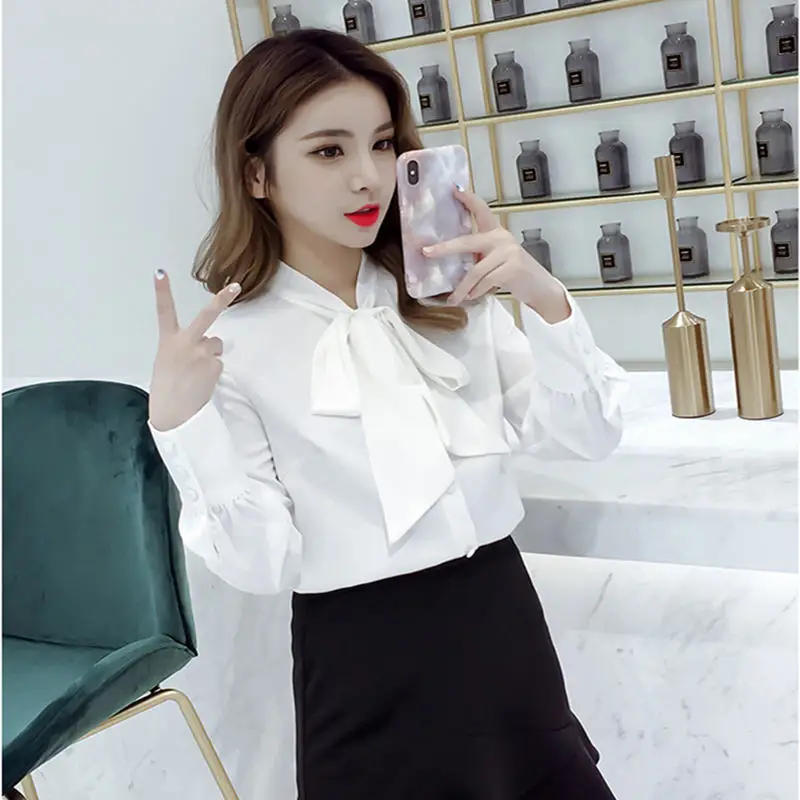White Shirt Women's Chiffon Office career white shirt Bow Tops Fashion Casual Long Sleeve Women |
