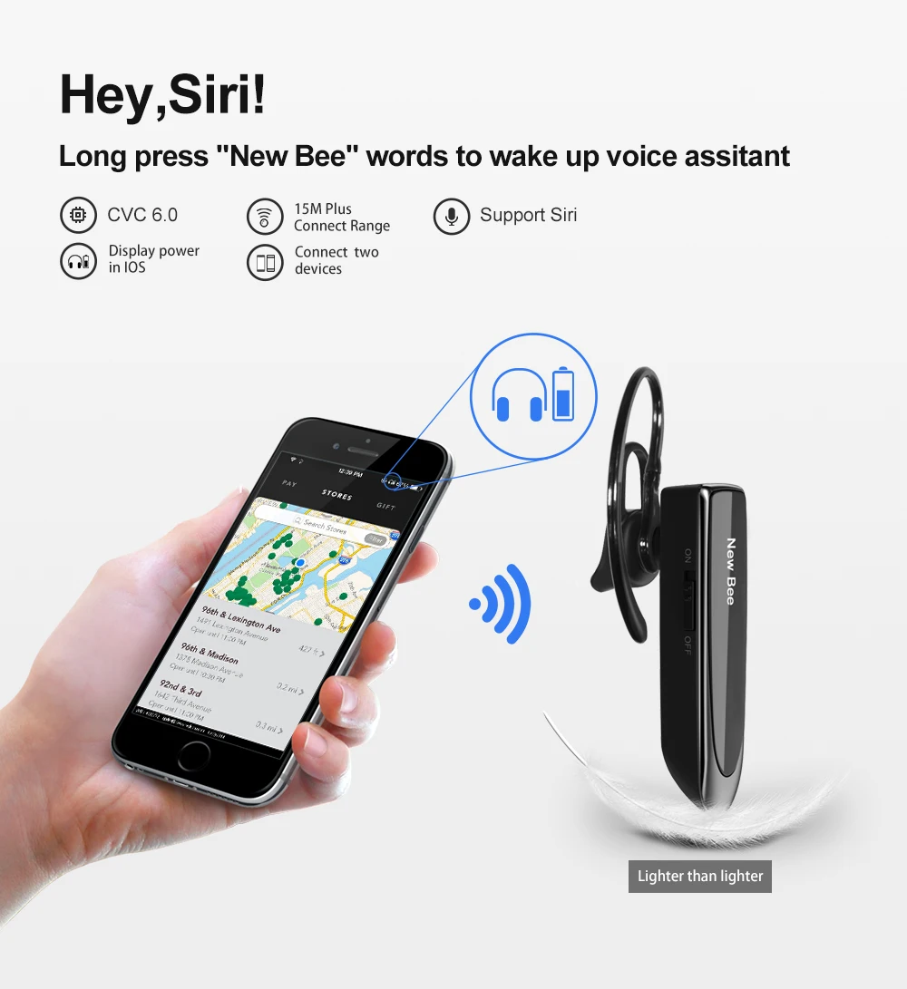 Auriculares Bluetooth New Bee наушники V5.0 Беспроводной гарнитура 22h с Cvc6.0 микрофон для езды на