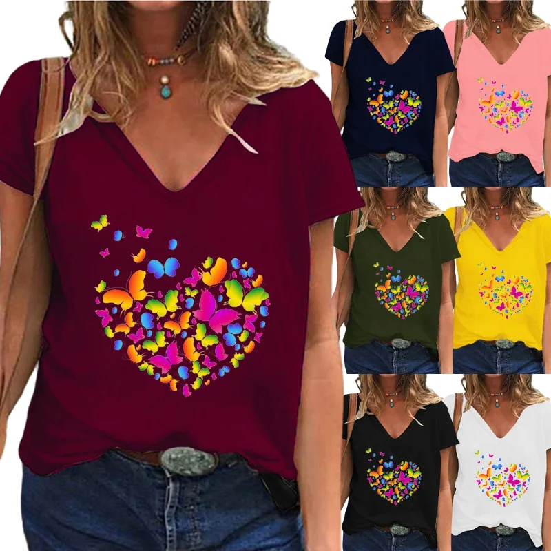 

Женская футболка с коротким рукавом, V-образным вырезом и принтом бабочки