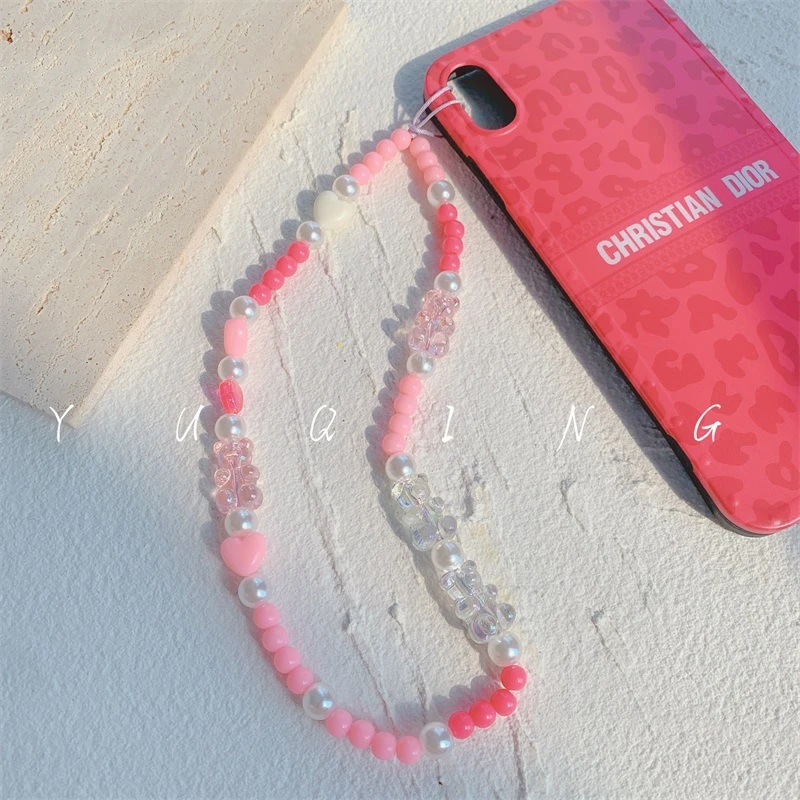 

2021 Trend Creative Soft Pottery Bear Pink Beaded Mobile Phone Chain Cute Sweet Beauty Mobile Phone Case Hanging Chain Gift
