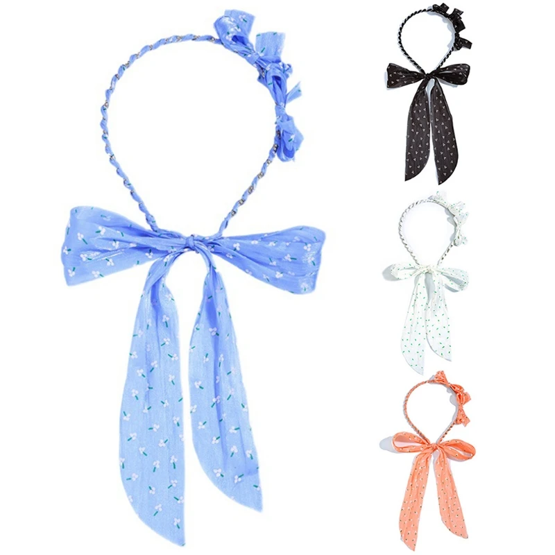 

Bowknot Ribbon Headband Twist Wired Hair Hoop with Long Tassel Bows Hair Styling Props Trendy Long Hair Accessories