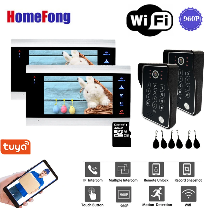 

Homefong 7 Inch 960P 2v2 WiFi Smart Wired Video Door Phone Intercom Door Entry System Doorbell Motion Record Password RFID Card