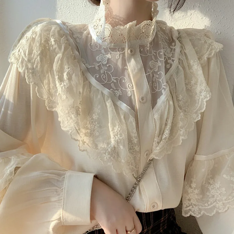 

Lace Up Ruffled Blouses Women Autumn Sweet Loose Clothes Stand Collat Ladies Tops Vintage Lace Shirts Women Fashion Korean