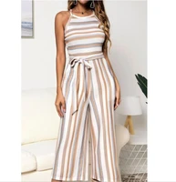 women bodysuit summer sleeveless long jumpsuit striped jumpsuits loose casual wide leg pants lace up fashion rompers