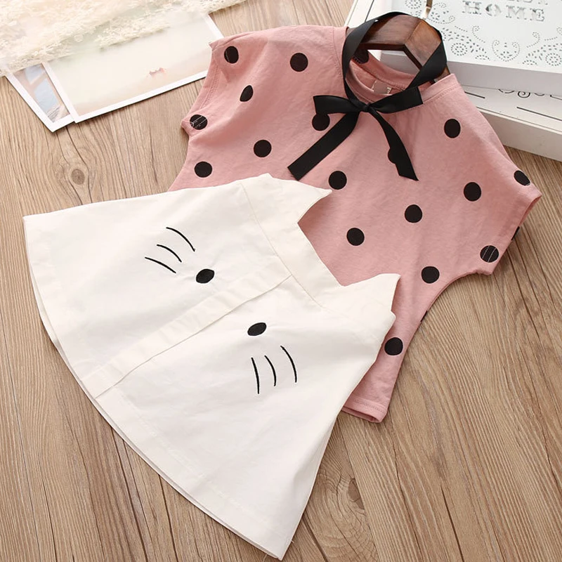 Повседневная летняя одежда для малышей модная футболка в горошек с бантом юбка