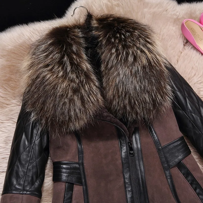 

Real Fur Overcoat Winter Female Elegant Zip Slim Fit Wool Coat Brand Streetwear Patchwork Office Lady Fur Collar Long Jacket