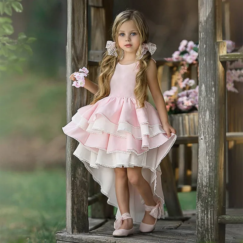 

Sweet Girls Child Lace Asymmetrical Halter Princess Dress Summer Backless Ruffles Party Pretty Kids Cake Layered Dresses