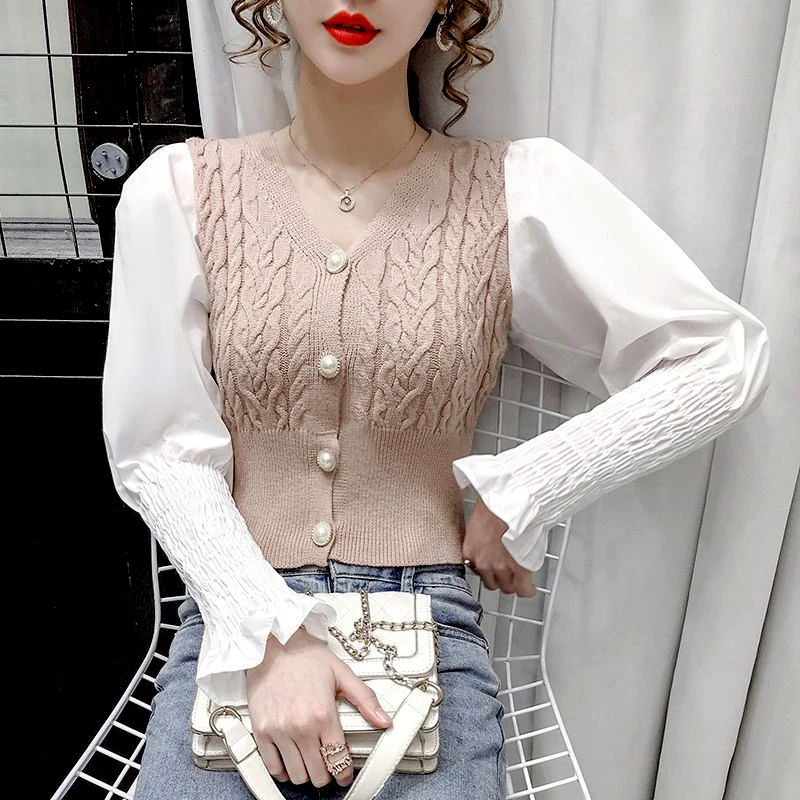 

Женский трикотажный кардиган с пышными рукавами, укороченная кофта с V-образным вырезом в Корейском стиле, модная блузка в стиле пэчворк, Ос...