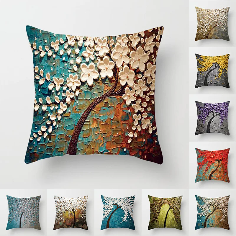 

2021 New Fashion Art Oil Painting Tree Home Decor Sofa Throw Pillow Cover Green Red Flower Square Car Chair Textile Cushion Case