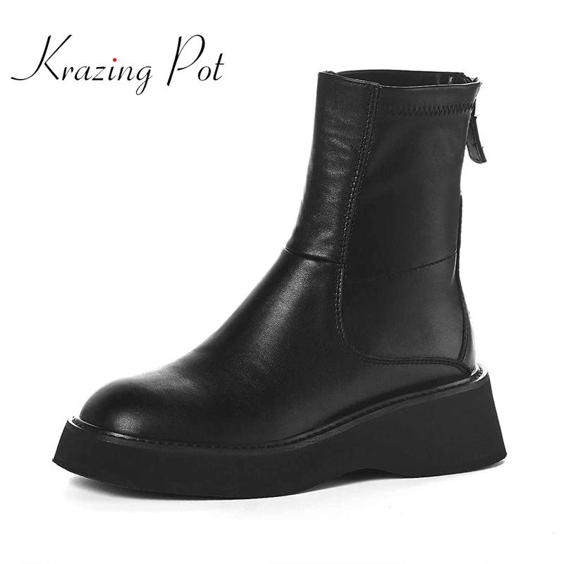 

krazing pot 2022 winter new arrival natural leather round toe thick bottom platform fashion back zip basic mid-calf boots L69