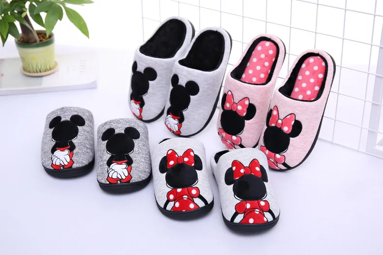 Disney/Детские хлопковые тапочки новые зимние домашние теплые Нескользящие хлопковые тапочки для мальчиков полосатые туфли с Микки из мультфильма для родителей и детей
