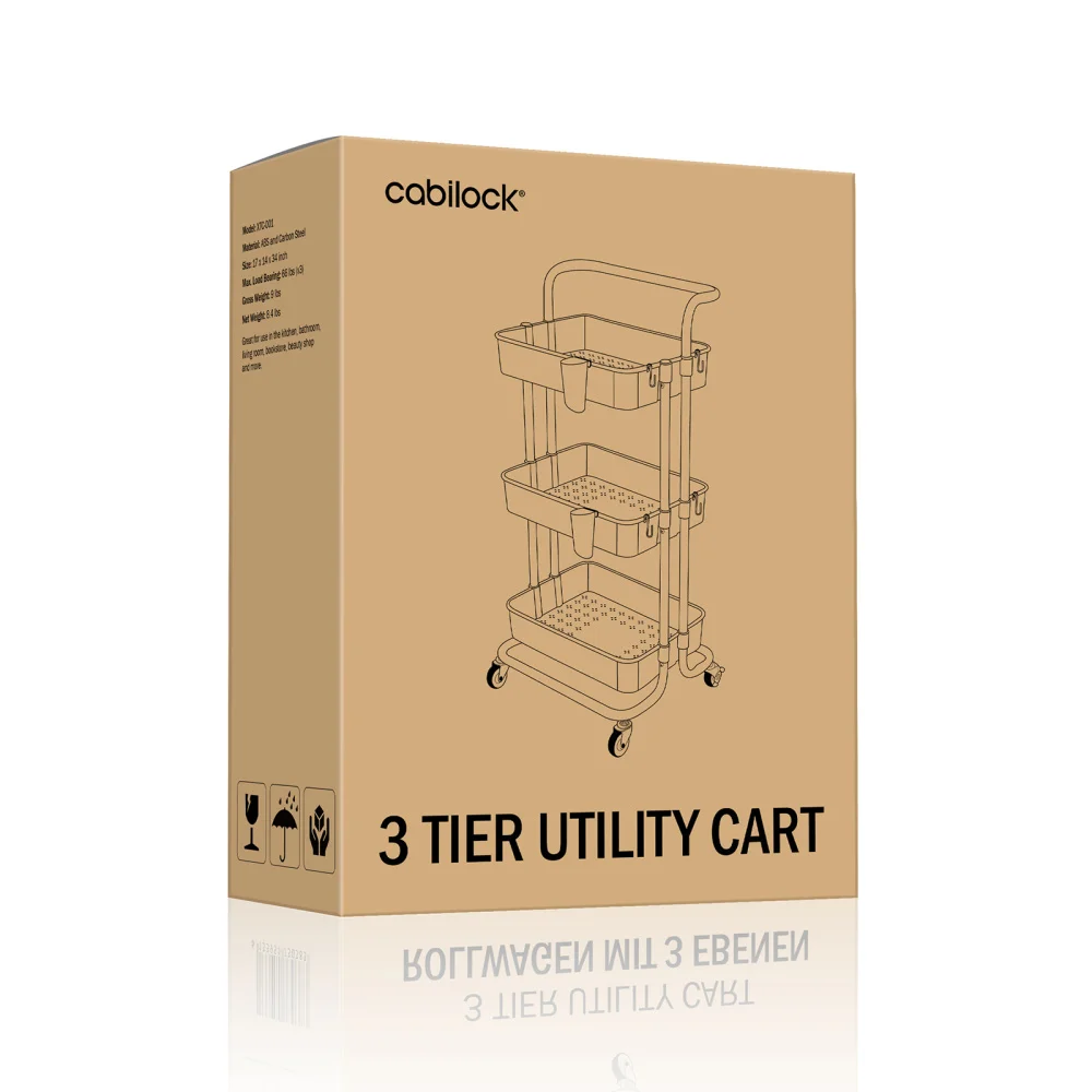 

Cabilock 3 Tier Utility Cart Portable Detachable 3 Mesh Baskets Rolling Storage Cart Mobile Utility Cart with Bend Pipe Handle