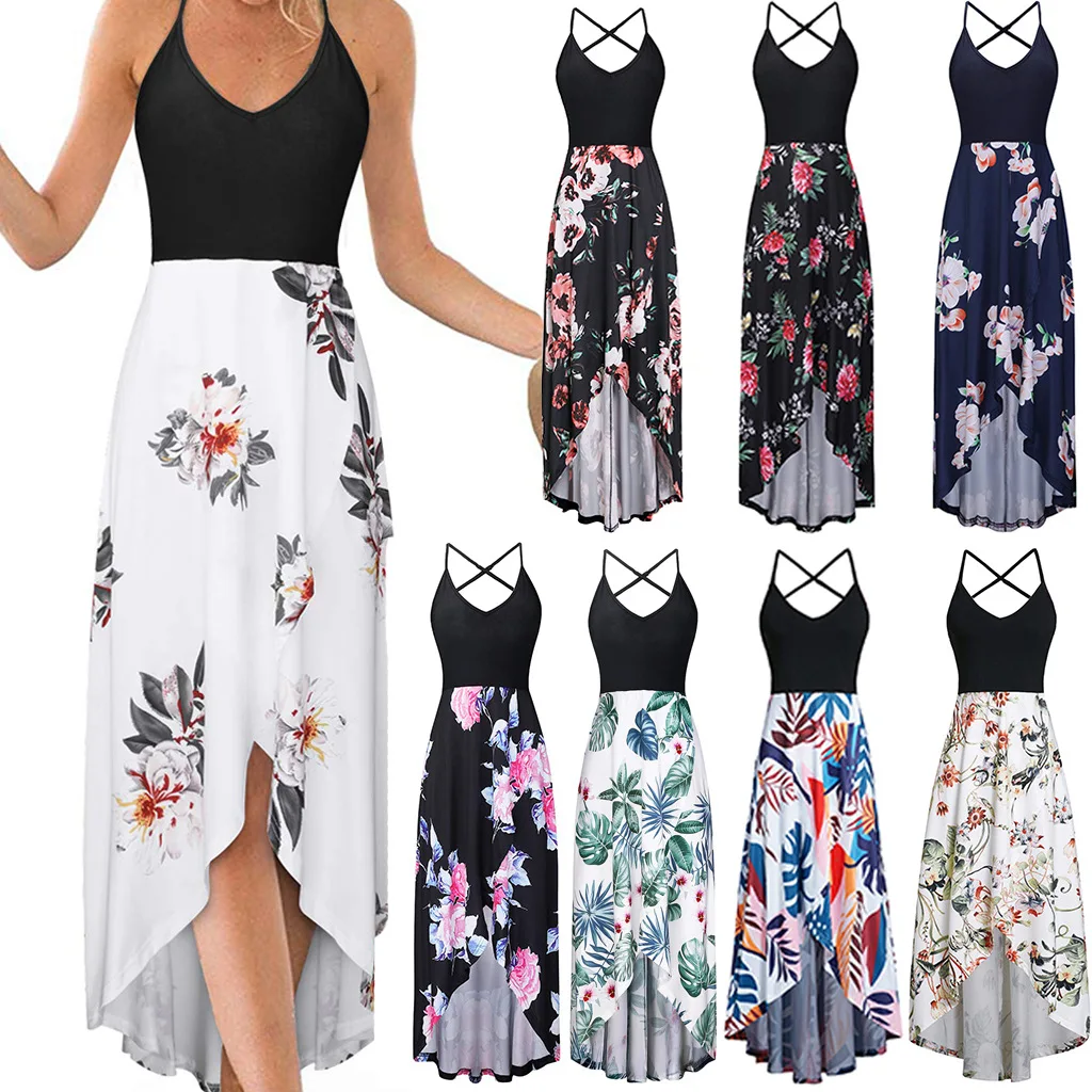 

Summer Sexy Patchwork Print V Neck Strapless Strap Backless Long Dress Boho Women Casual Beach Vacation Dresses