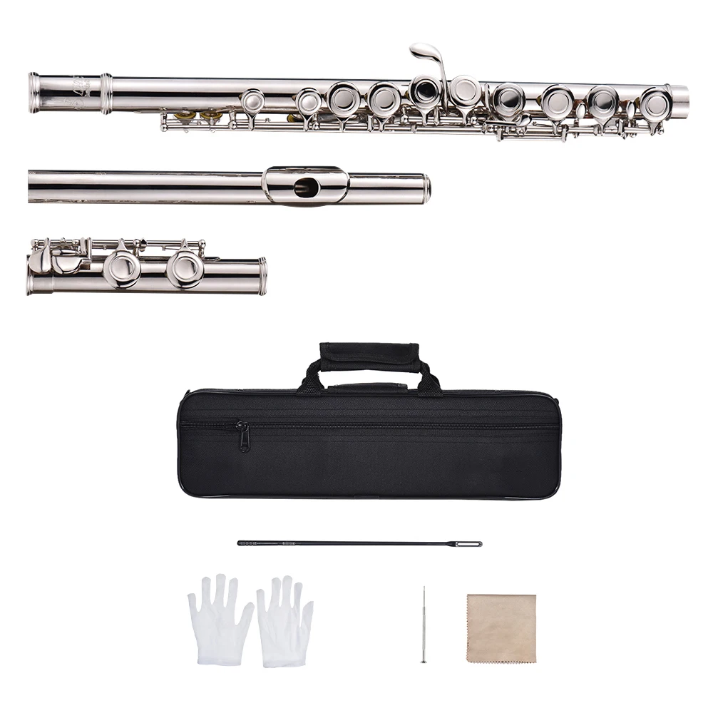MoonAngel Western Concert Flute C Key 17 Holes Silver Tone Woodwind  Musical Instrument White Gloves Mini Screwdriver Padded Bag