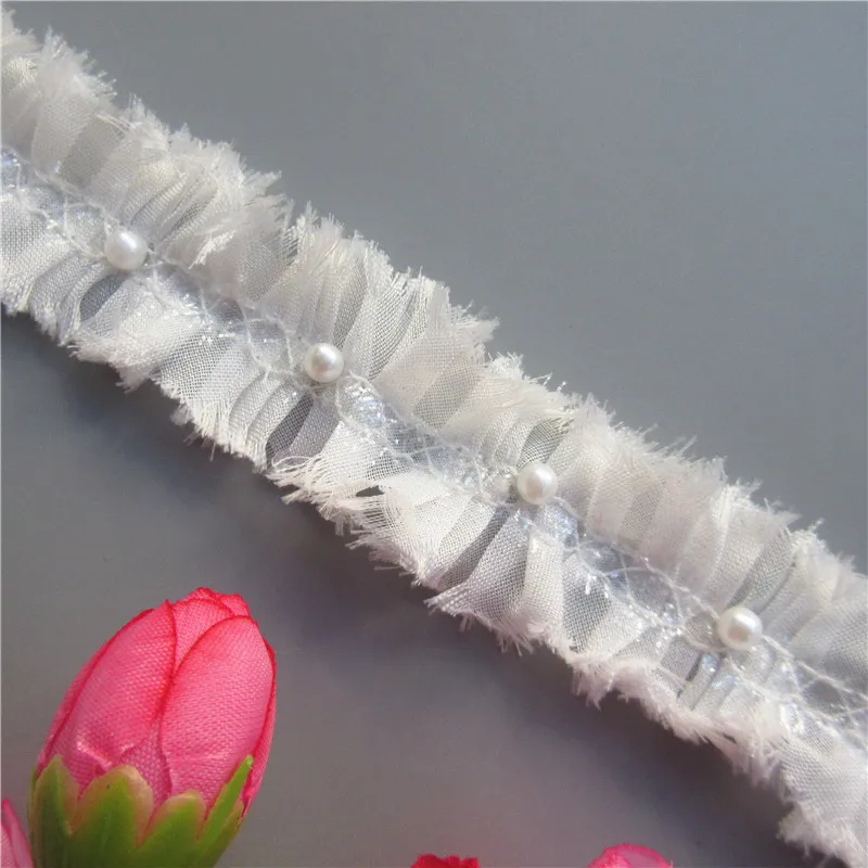 2 ярда/лот потертые шифоновые плиссированные сборные жемчужные кружева с оборкой