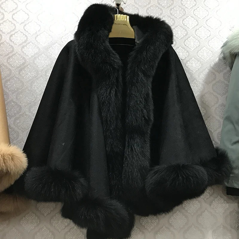 2021 Women Cashmere Capes With Real Fox Fur Hooded Collar Wraps Luxury Female Winter Scarf Stole Pashmina Lady Coat Poncho |