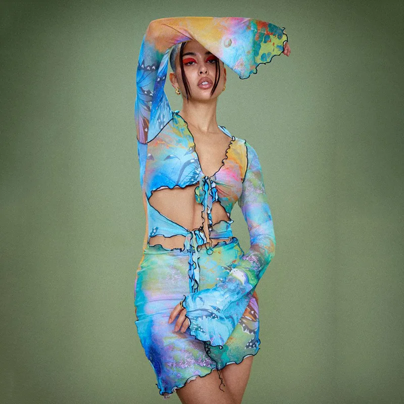 

Euro-American Women's 2021 Spring Summer Color Butterfly Print Lace-up Long-sleeved Miniskirt Suit Sexy Bodycon Dress