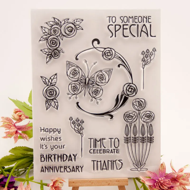 Прозрачные наклейки в виде бабочек и цветов резиновый штамп прозрачный