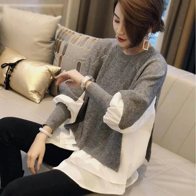 

Oversize Korean Knitted Women's Sweater 2021 Spring Patchwork Ruffle Lantern Sleeve Female Pullover Plus Size 4XL Warm Sweaters