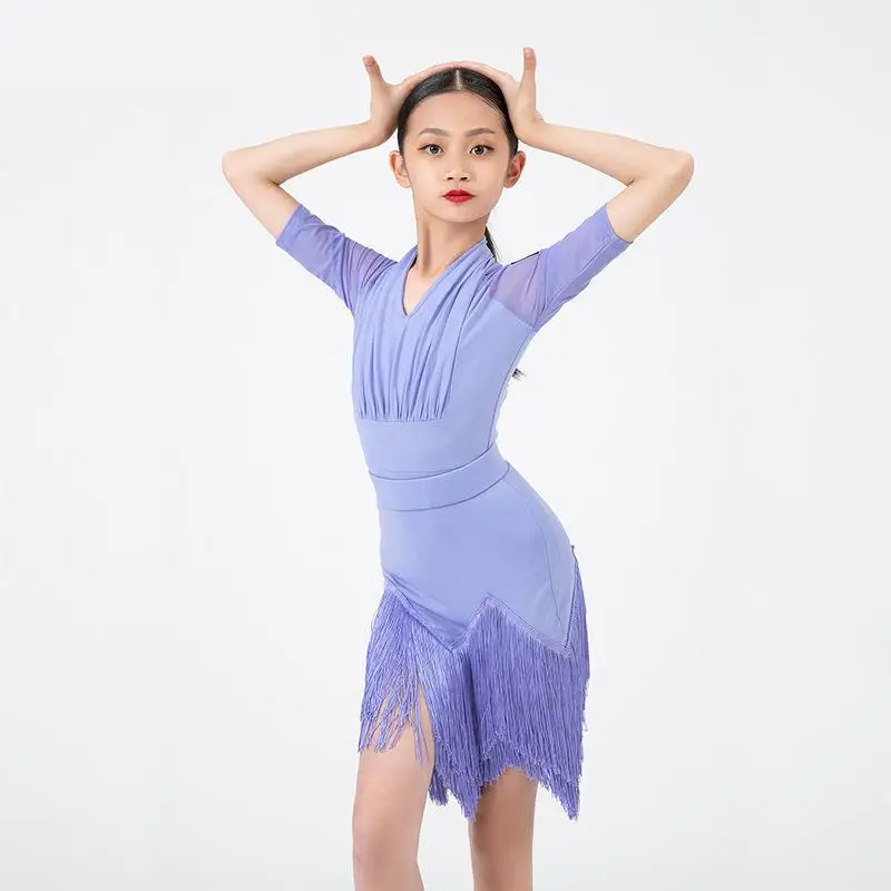 

Girl Latin Tassel Dance Dress Ballroom Children Dance Costume Salsa Black Red Tango Dresses Dancing Stage Performance Clothing