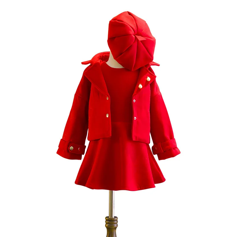

Girl Clothes Winter Warm Coat + Vest Dress 3pcs Baby Girl's Clothes Fashion College Style Red Woolen Suit Costume with Hat