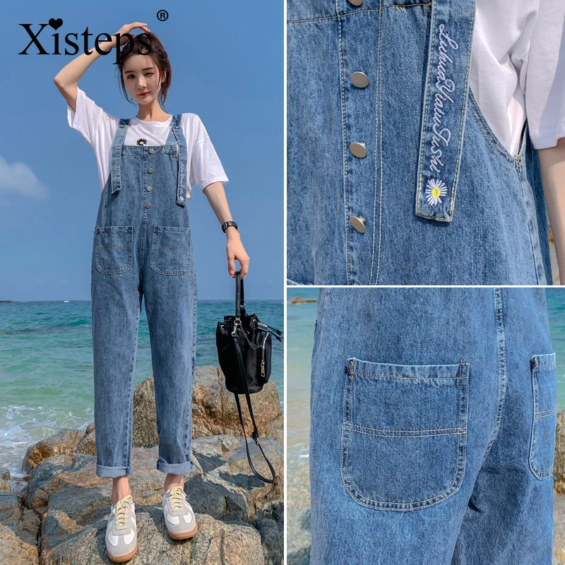 

Женский джинсовый комбинезон Xisteps, Осенний модный Свободный джинсовый комбинезон с цветочной вышивкой, боди с карманами, 2021