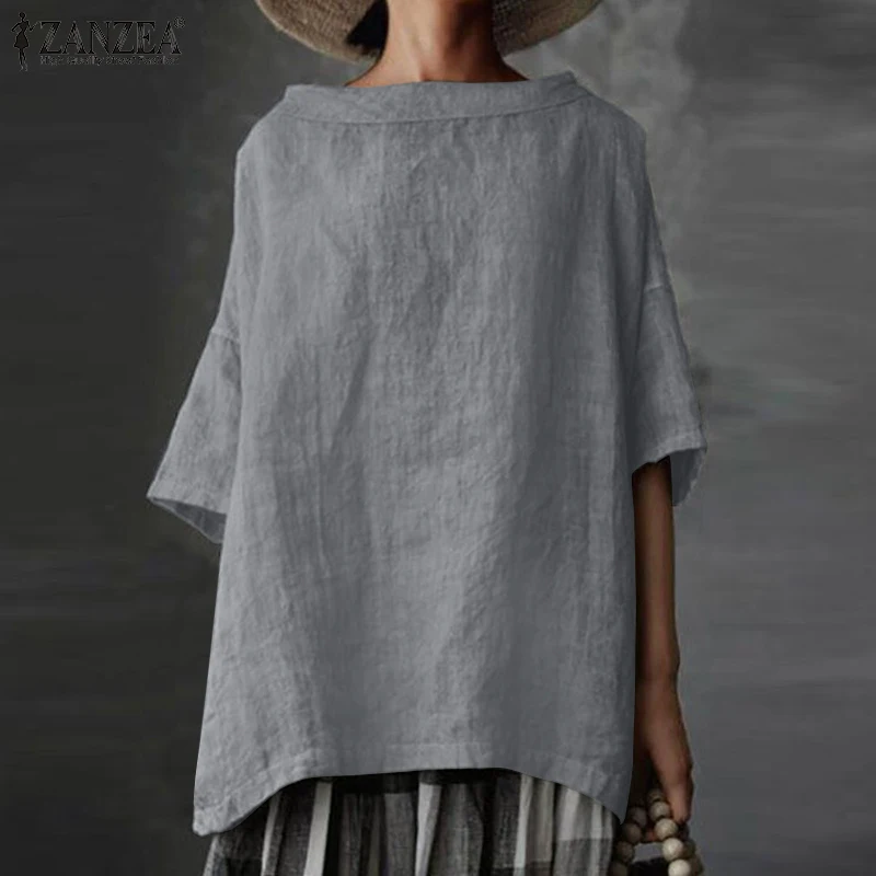 

ZANZEA Vintage Casual Tops Blouse Retro Solid Shirts Fashion O-Neck Chemise Loose Buttons Chemise 2021 Blusas Femininas Oversize
