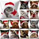 Наволочка из полиэстера с рисунком кошки, собаки, 45 х45 см, Рождественская красная шляпа, декоративная наволочка для дивана, дома, автомобиля, 41032