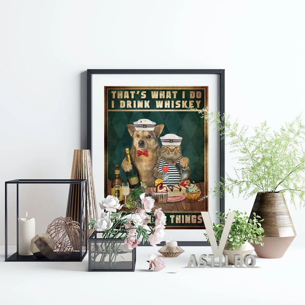 

Humor Spoof Friendly Animal Portrait Poster Funny Pet Memorial Gift Wall Stickers Sailor Cat Waiter Dog Illustration Home Decor