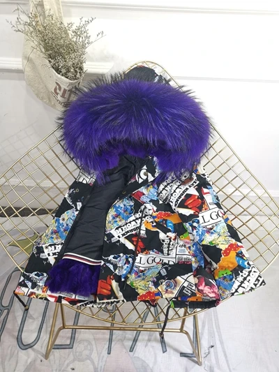 Black Violet Fur Детская зимняя куртка с отделкой из меха, пальто для мальчиков и девочек утепленное пальто из меха кролика с граффити, Детская меховая куртка для девочек, TZ147 - Цвет: Black Violet Fur