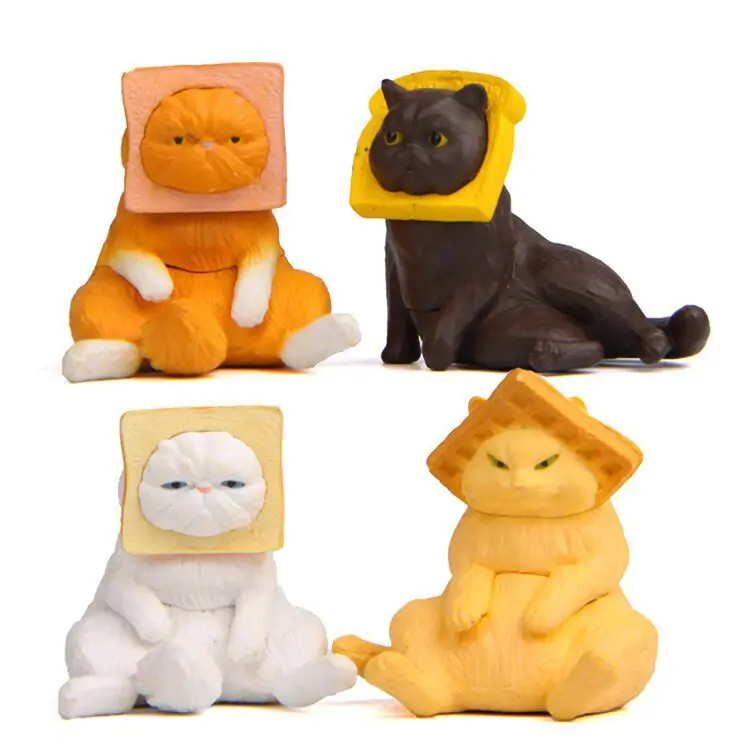 

4PCS Capsule Egg Sliced Bread Headgear Toast Cat Small Statue Little Figurine Crafts Figure Ornament Miniatures