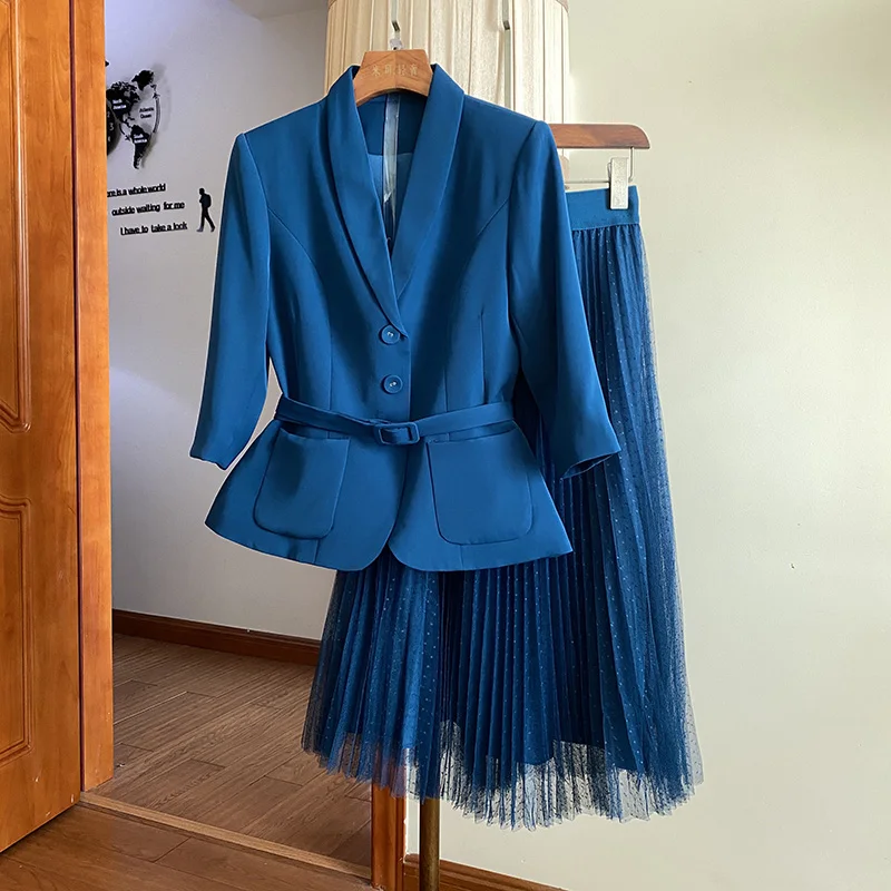 

Top quality women blue blazer suits spring autumn 2021 office lady blazers and pleated mesh skirts brand two piece outfits black