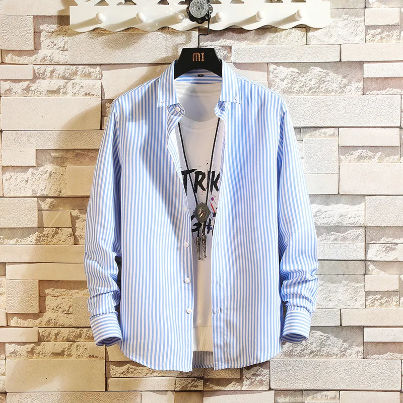 

New Arrival Fashion Men Long Sleeved Shirt Stripe Fashion Bottomed Handsome Casual Shirts Single Breasted Plus Size M-2XL3XL4XL