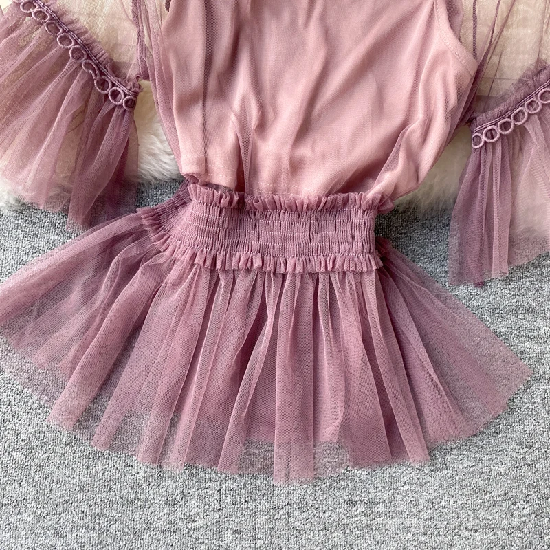 

Chic Fairy 3D Flowers Embroidery Chiffon Shirts Sleeve High Waist Lotus Ruffles Blouses Stand Collar Mesh Short Flare Crop Tops