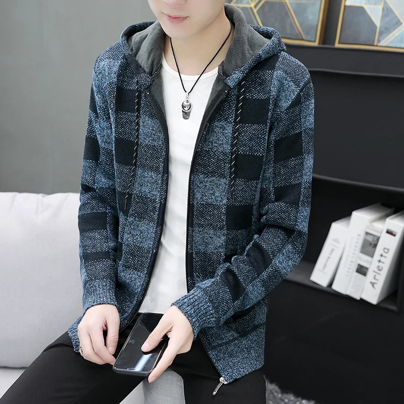 

2020 зимний теплый кардиган, свитер, мужские пальто, толстые кардиганы с капюшоном, мужской свитер в полоску, Мужская одежда, M-3XL, Прямая постав...