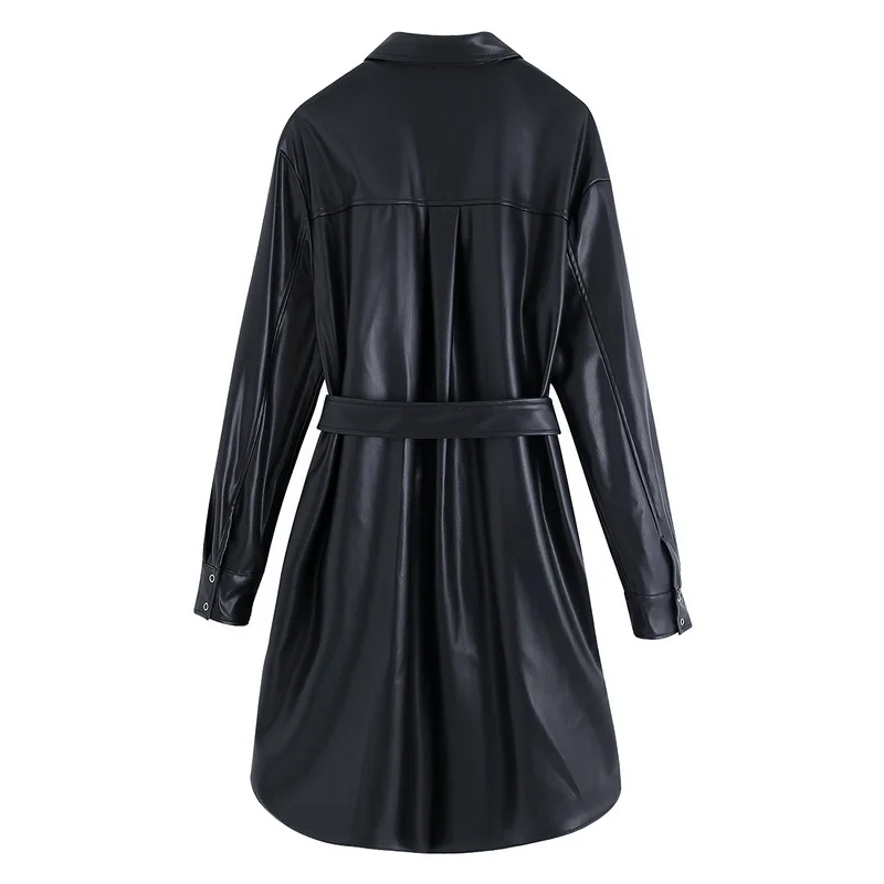 Черное платье из искусственной кожи для женщин осень 2019 новая мода пояс с длинным