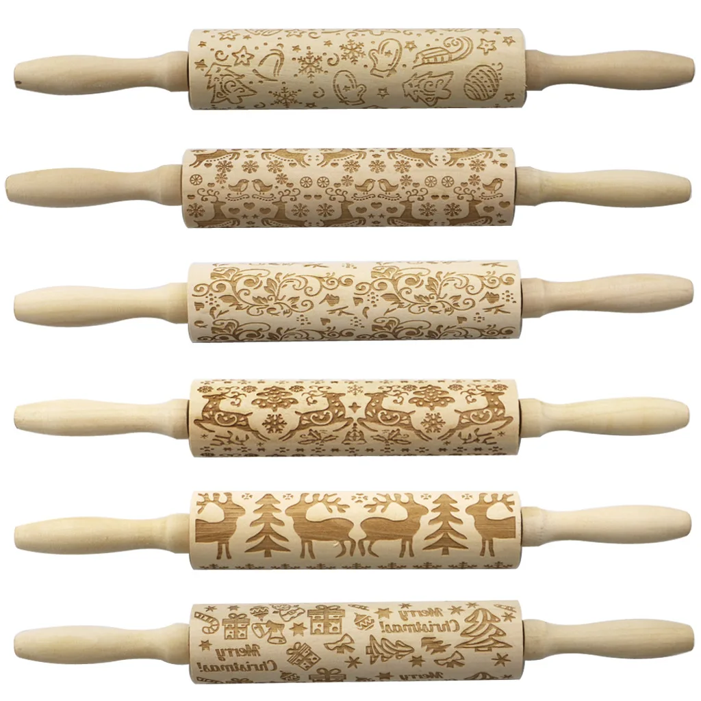 

Spot Christmas Elk Printing Rolling Pin Wooden Laser Engraving Embossed Rolling Pin Cookie Dough Stick