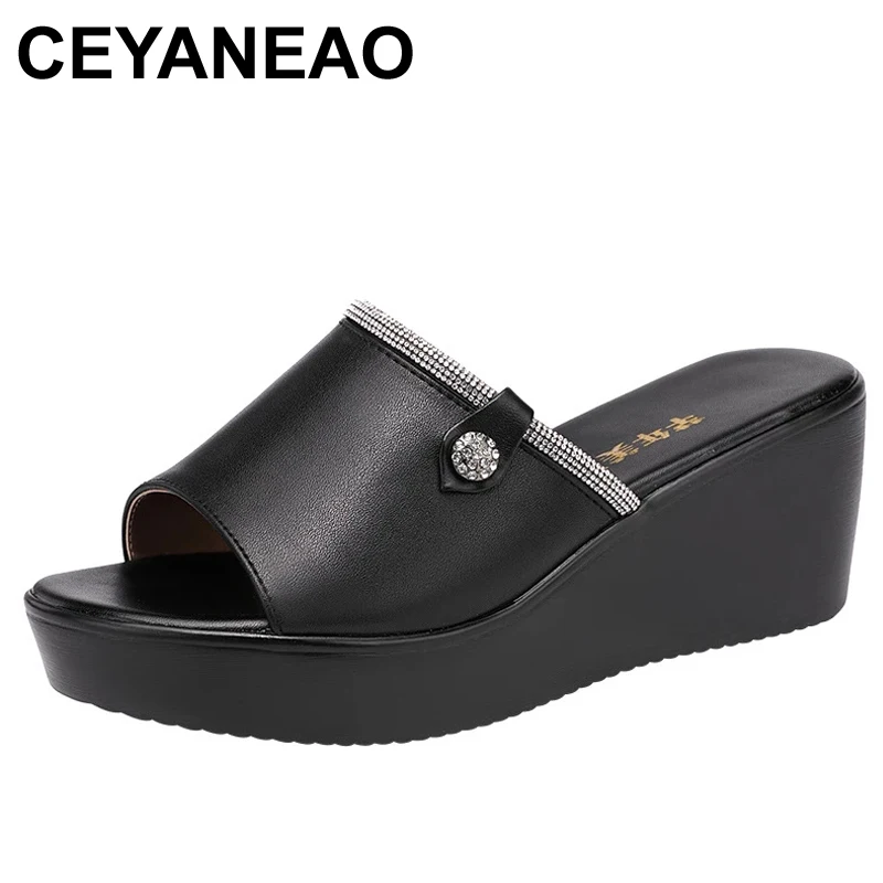 

CEYANEAOSmall большой Size32-43Open головы стразы на платформе; Шлепанцы; Сезон лето; Shoes2021Elegant на высоком каблуке Шлёпанцы на танкетке женская обувь для ...