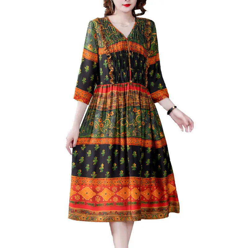

2021 New Spring Silk Printed Mulberry Silk Dress Fashion Loose Medium and Long