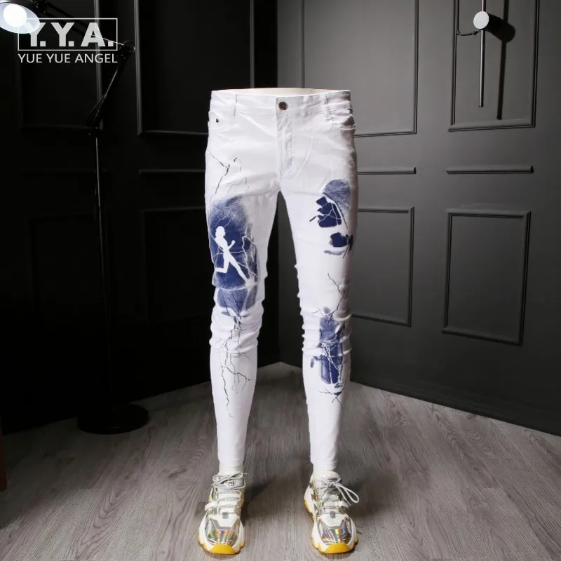 

High Street Men White Jeans Personality Fashion Printed Slim Fit Straight Elastic Denim Pants Male Large Sizes jean Trousers
